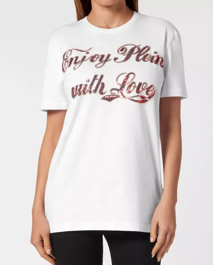Biały t-shirt z cekinowym napisem