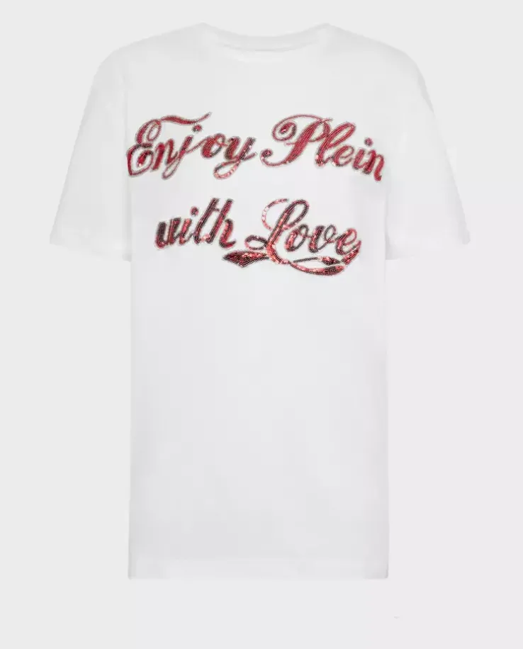 Biały t-shirt z cekinowym napisem