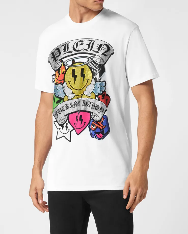 Biały t-shirt z dużym zdobieniem z kryształów