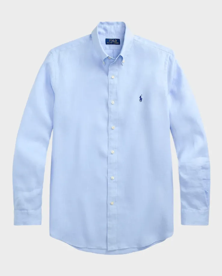 Błękitna lniana koszula z logo Custom Fit