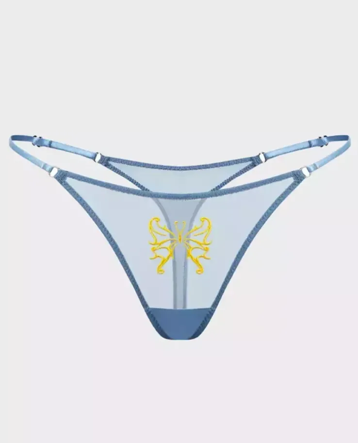 Błękitne stringi z haftem Butterfly