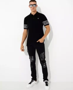Czarny koszulka polo SS Paisley z czaszką