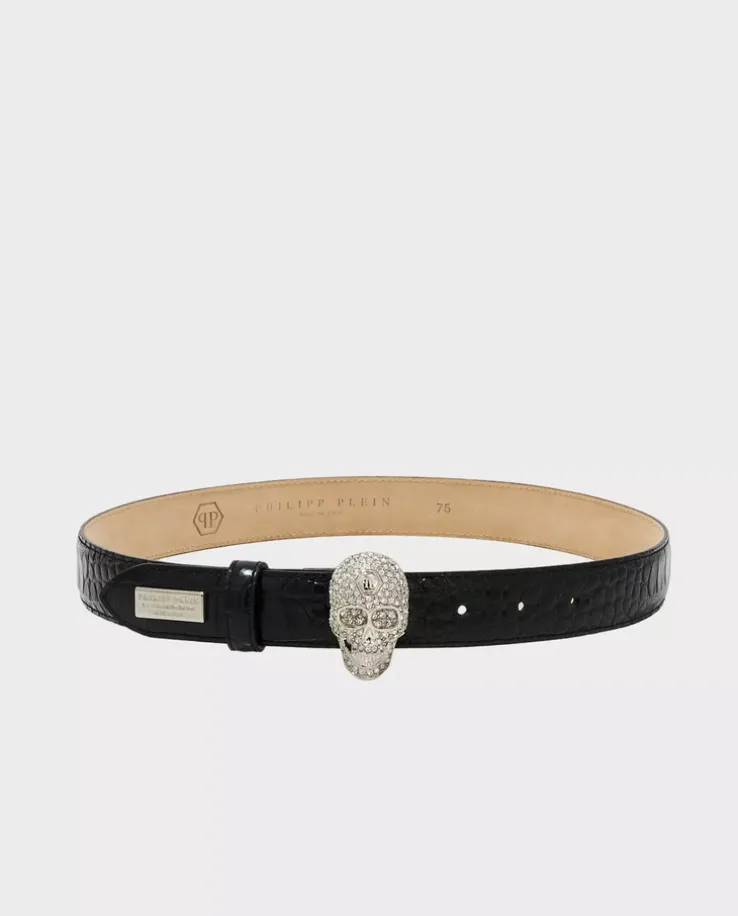 Czarny pasek z biżuteryjną klamrą Skull
