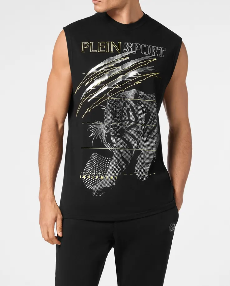 Czarny tank top z błyszczącym nadrukiem