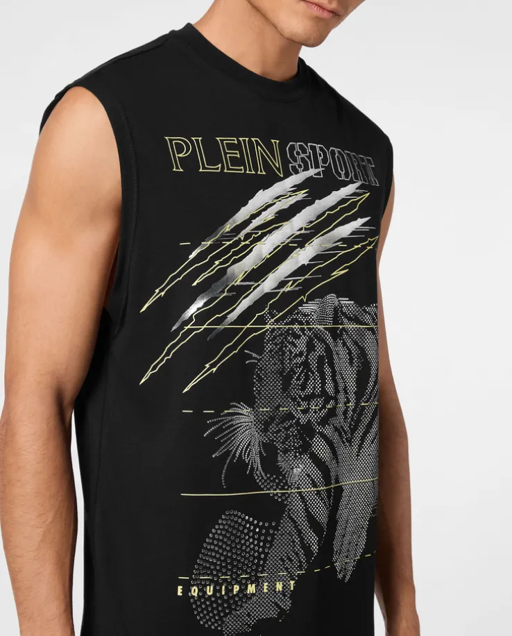 Czarny tank top z błyszczącym nadrukiem