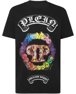 Czarny t-shirt z kolorowym nadrukiem i logo
