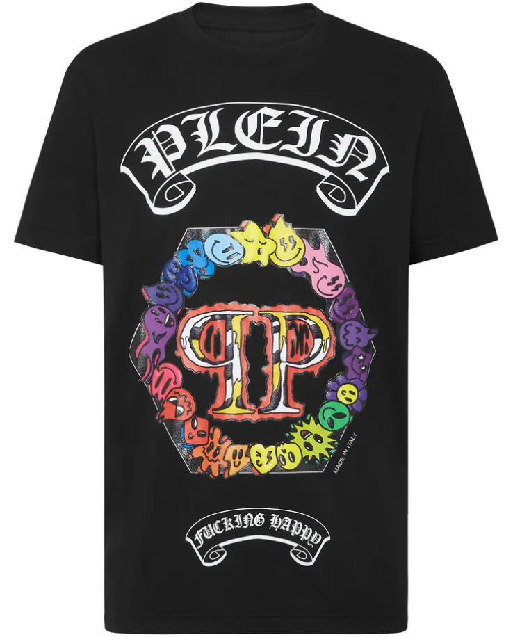 Czarny t-shirt z kolorowym nadrukiem i logo