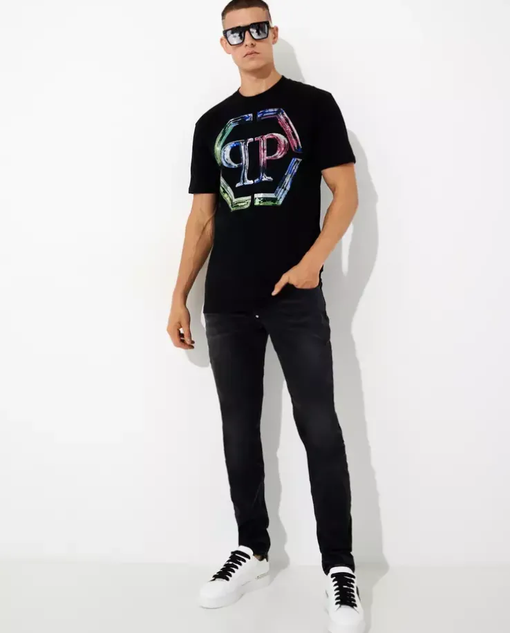 Czarny t-shirt z kryształowym logo Glass