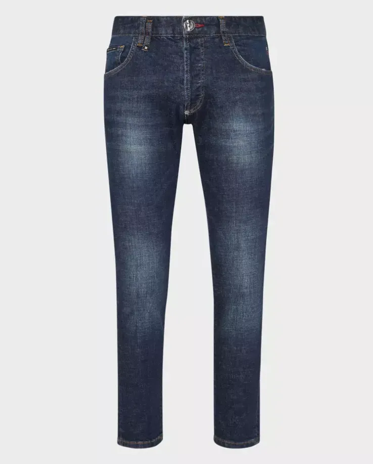 Granatowe jeansy z haftem Skull Skinny Fit