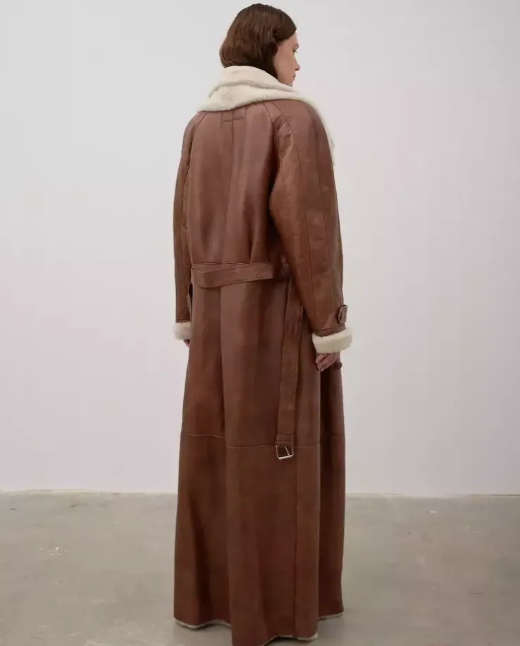 Karmelowy skórzany kożuch Shearling