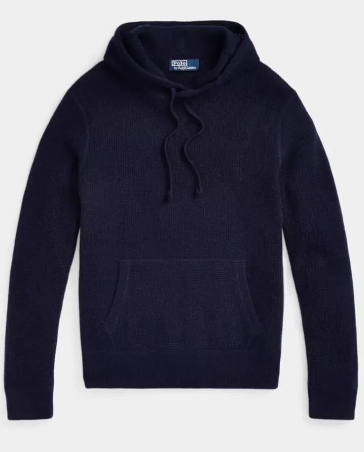 Kaszmirowy granatowy sweter z kapturem