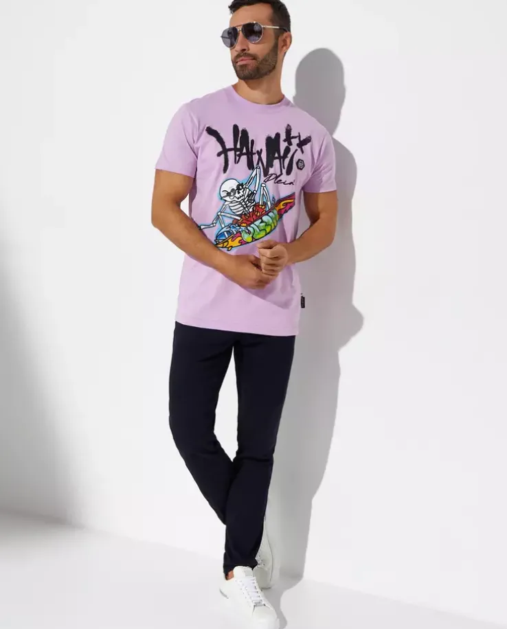 Liliowy t-shirt z kolorową grafiką Hawaii
