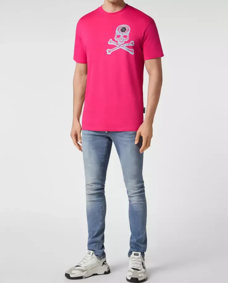 Neonowy różowy t-shirt z grafiką Skull&Bones