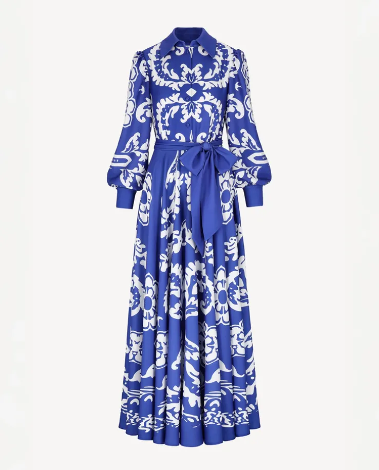 Niebieska maxi sukienka z printem Santorini