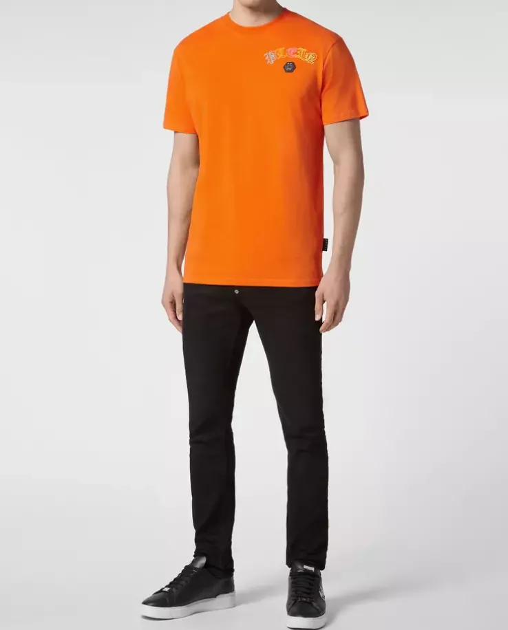 Pomarańczowy t-shirt z kryształowym logo Gothic