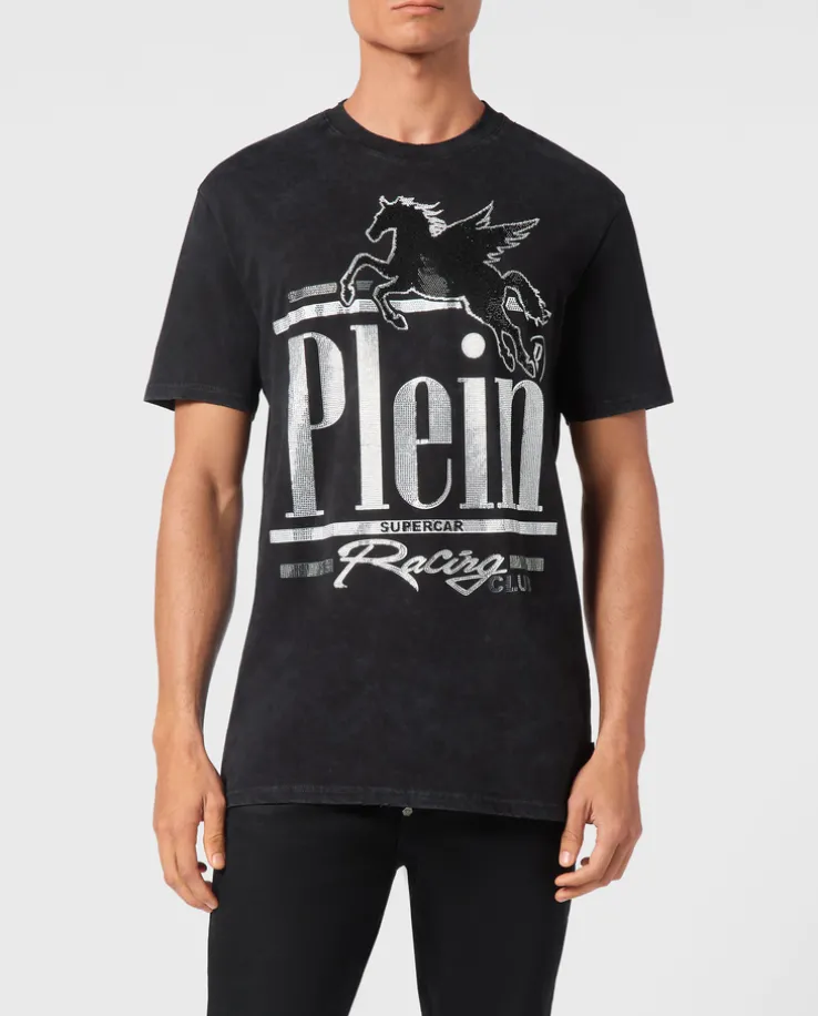 T-shirt z efektem sprania i efektownym zdobieniem