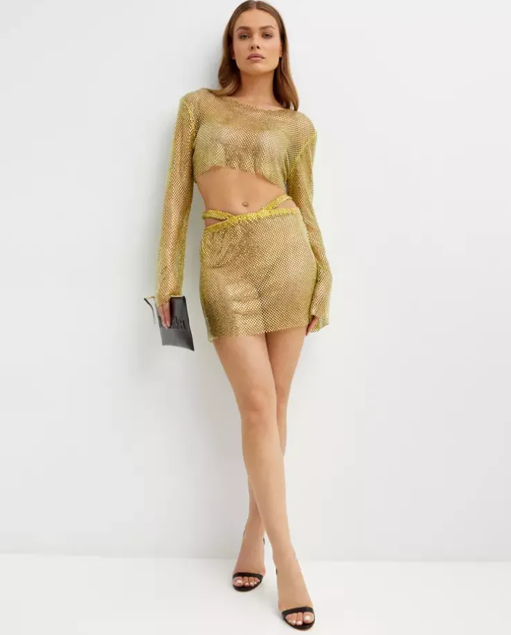 Żółty crop top z siateczki z rozszerzanymi rękawami